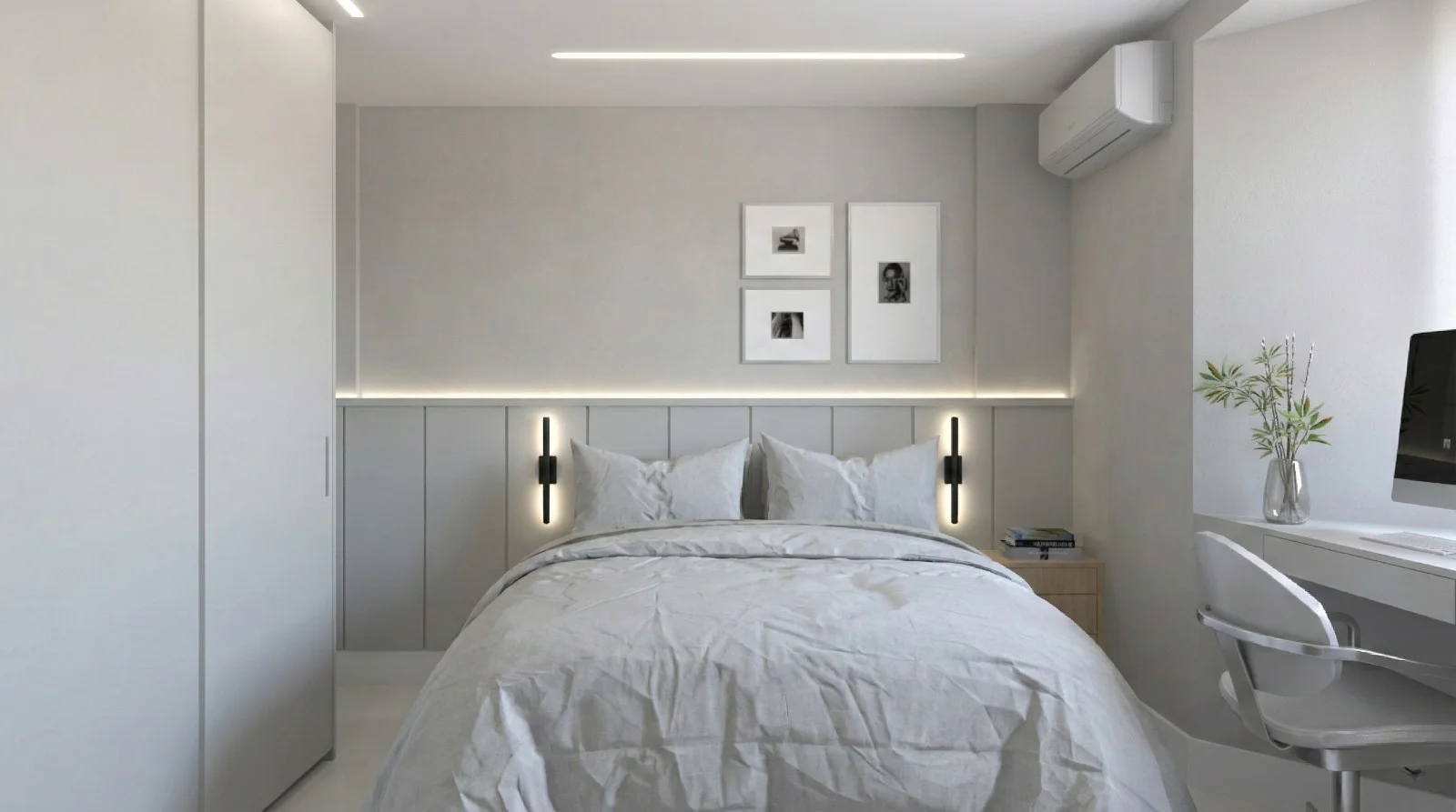projeto de interior para quarto minimalista com foco em aproveitar o espaço e manter a elegância