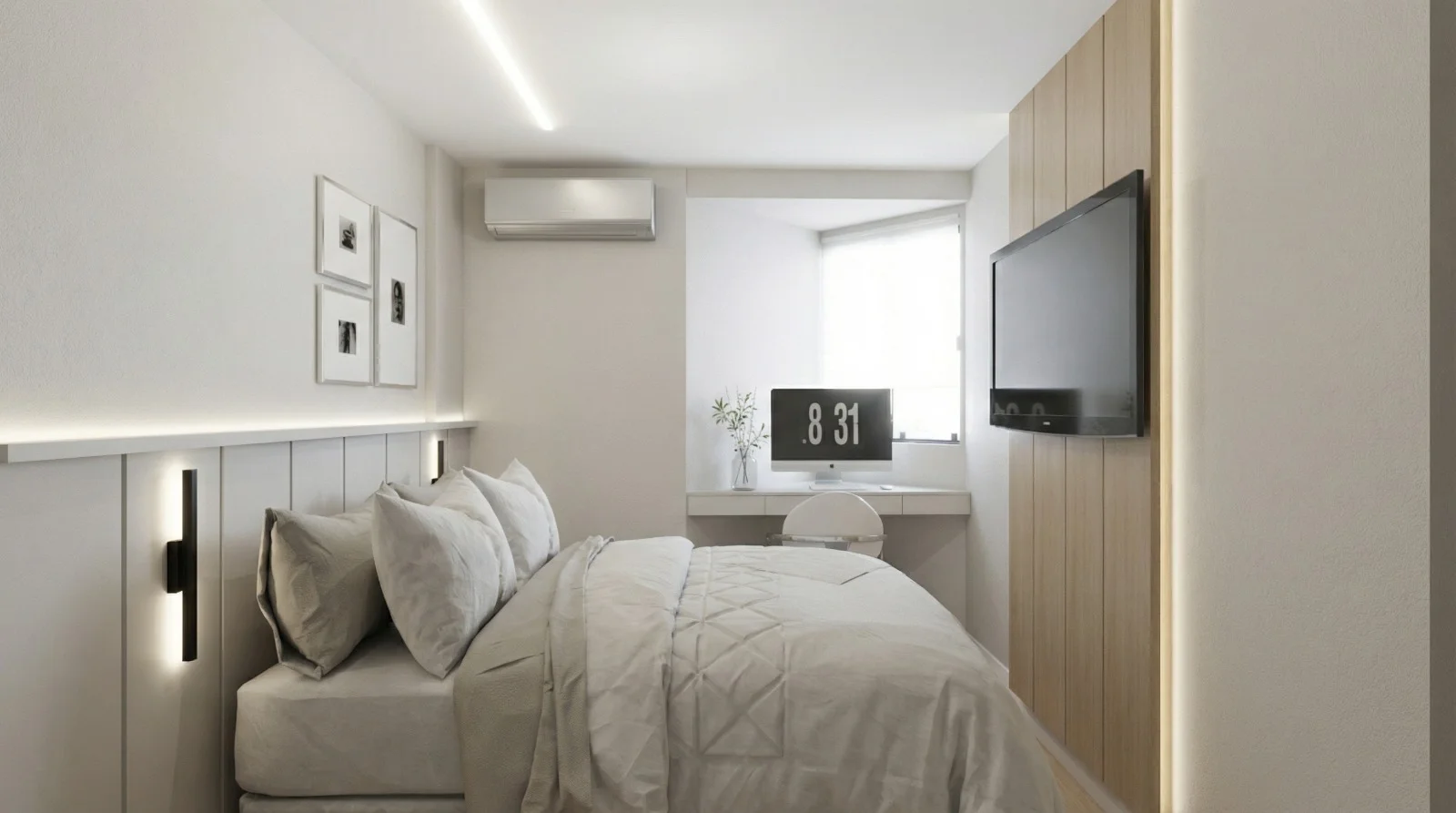 projeto de interior para quarto minimalista com foco em aproveitar o espaço e manter a elegância