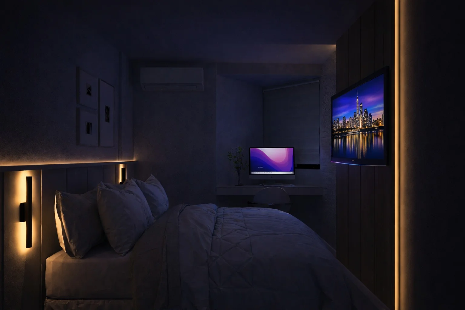 Ângulo alternativo do projeto de interior para quarto minimalista