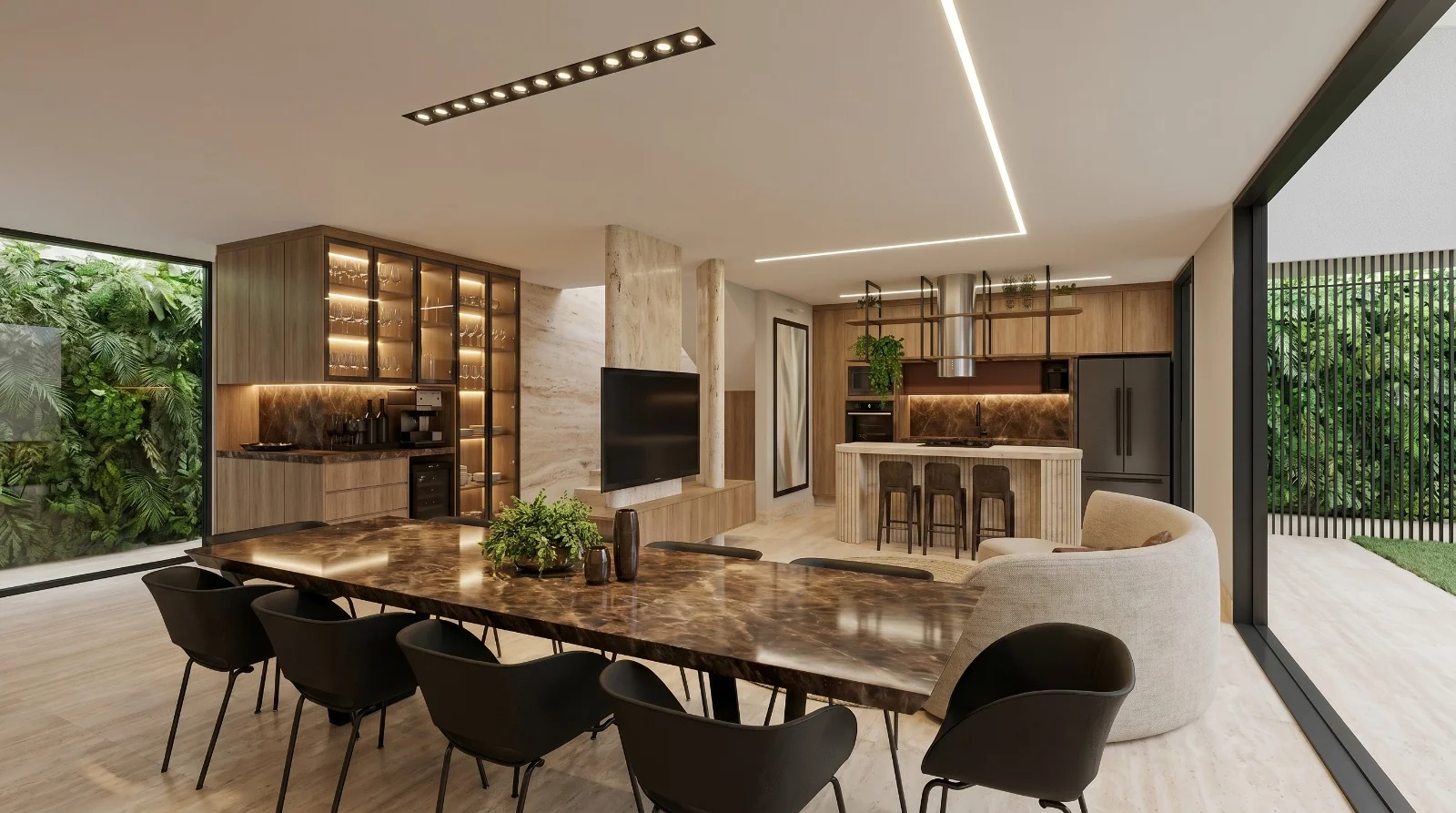 Projeto de interior para sala de estar e jantar que aproveita o espaço com utilidade e beleza